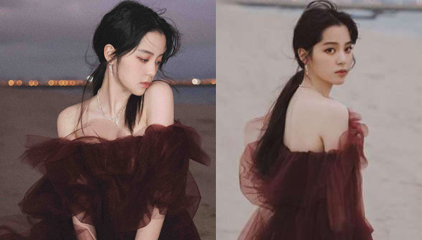 娜娜着酒红色薄纱礼服