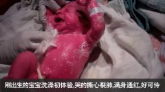 刚出生的宝宝洗澡初体验,哭的撕心裂肺,满身通红,好可